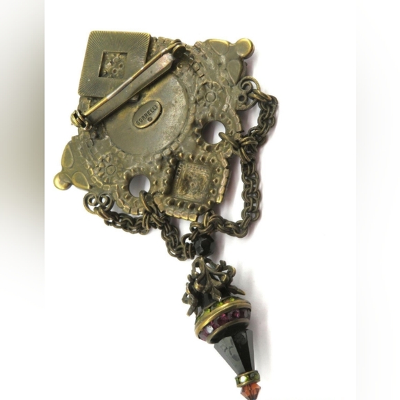 Sorrelli Antiqued Gold Toned Multi Gem Swag Brooch With Earrings, Signed VTG - Picture 8 of 12